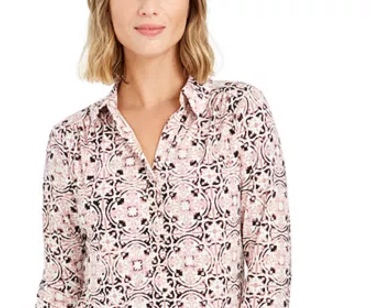 Charter Club Women's 3/4 Sleeve Printed Polo Top Pink Size Small