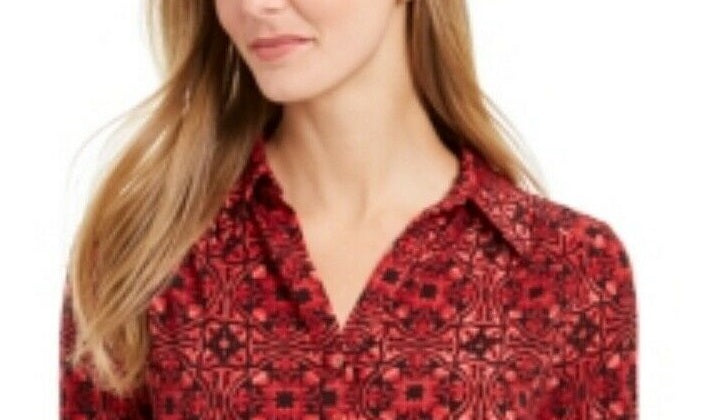 Charter Club Women's Printed Polo Top Red Size Medium