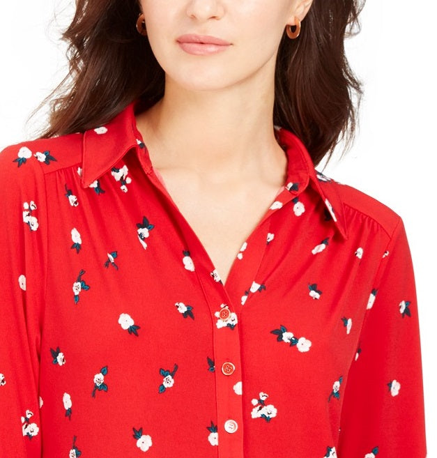 Charter Club Women's 3/4 Sleeve Printed Polo Top Red Size Medium