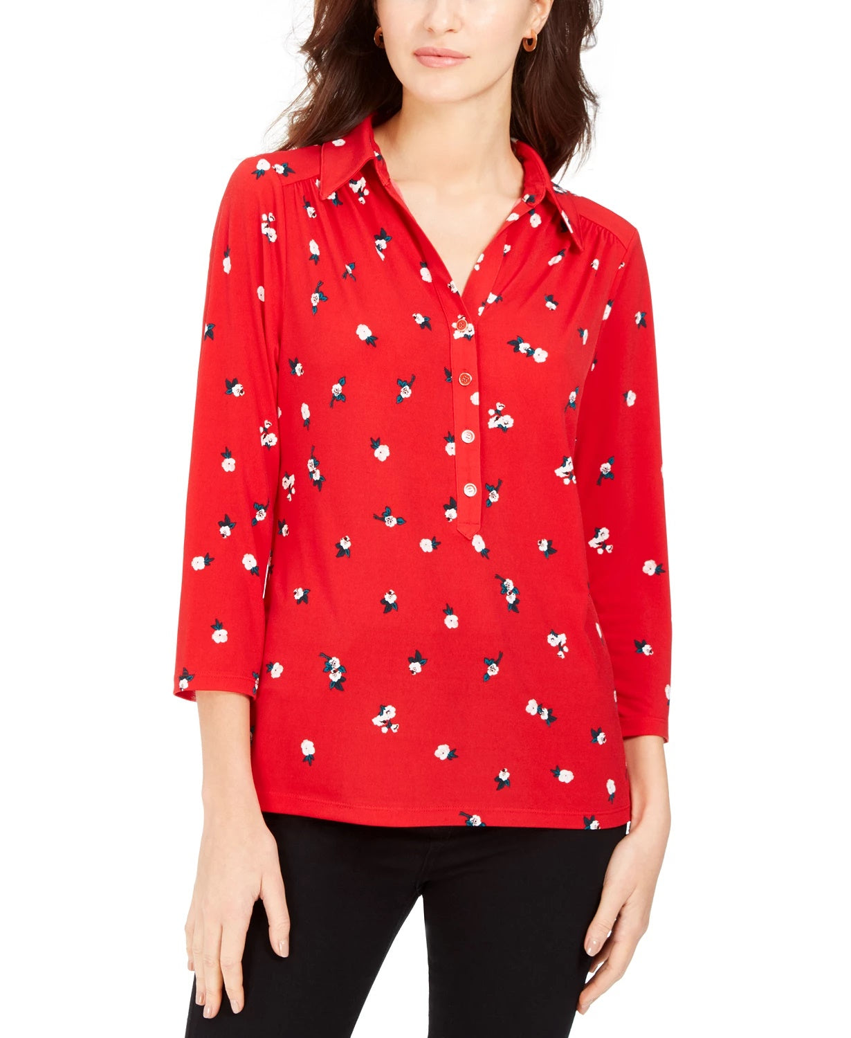 Charter Club Women's 3/4 Sleeve Printed Polo Top Red Size Extra Large