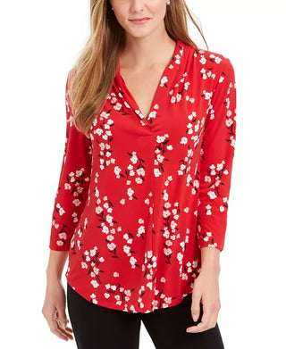 Charter Club Women's Floral  V-Neck Blouse Medium Red Size XX Large