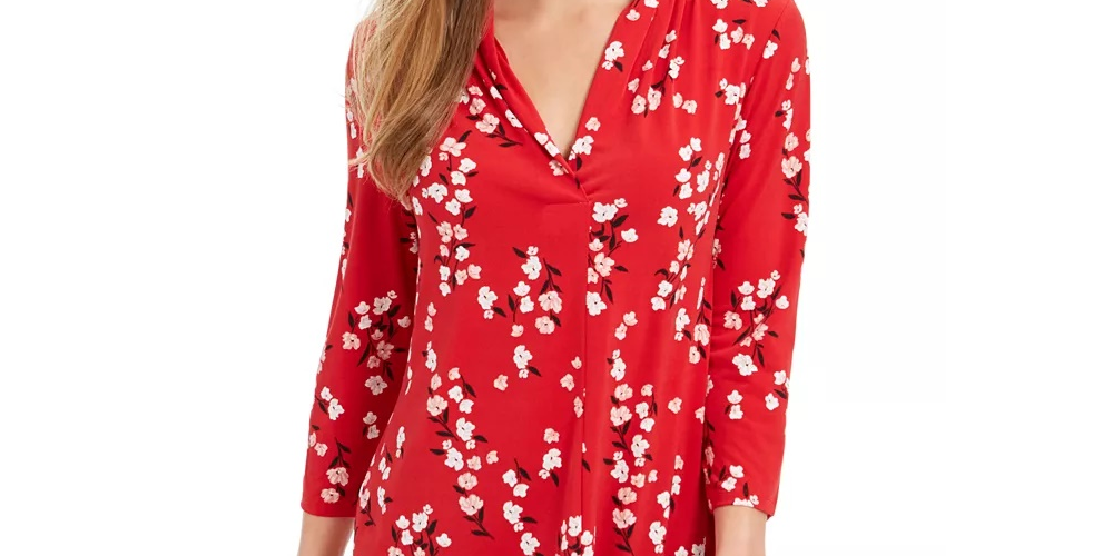Charter Club Women's Floral  V-Neck Blouse Medium Red Size XX Large