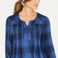 Style & Co Women's Petite Plaid Pleated Top Blue Size PM
