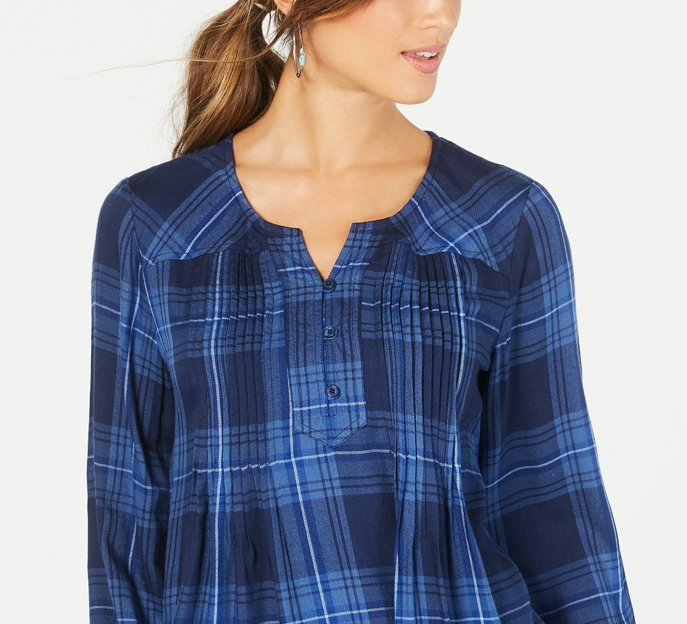 Style & Co Women's Petite Plaid Pleated Top Blue Size PM