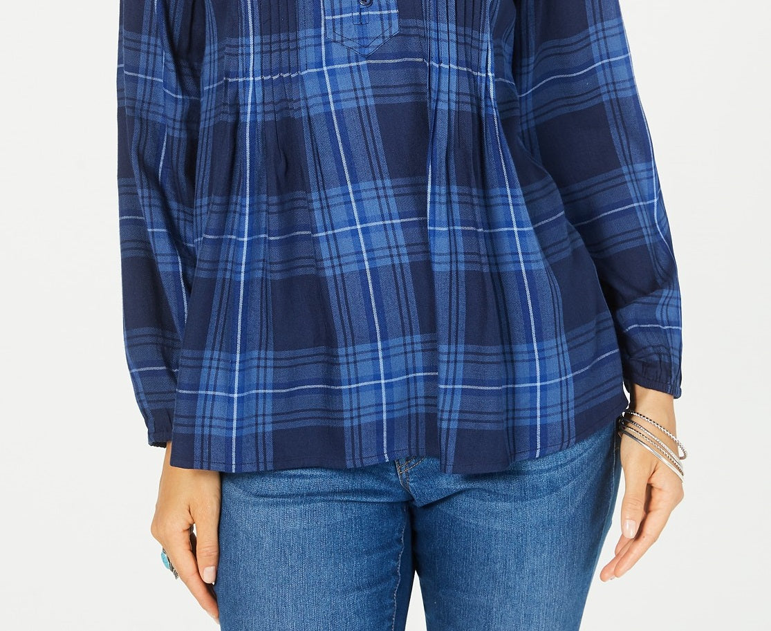 Style & Co Women's Petite Plaid Pleated Top Blue Size PM
