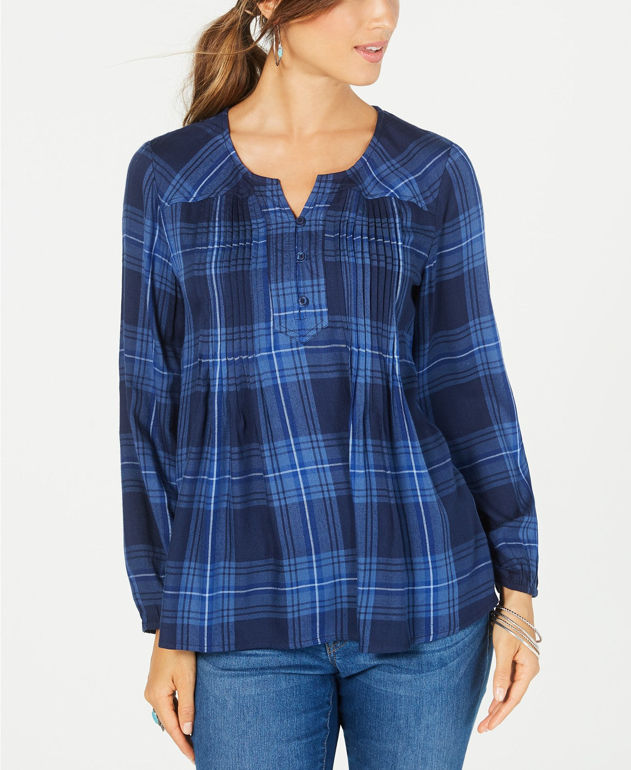 Style & Co Women's Petite Plaid Pleated Top Navy Size Petite Small