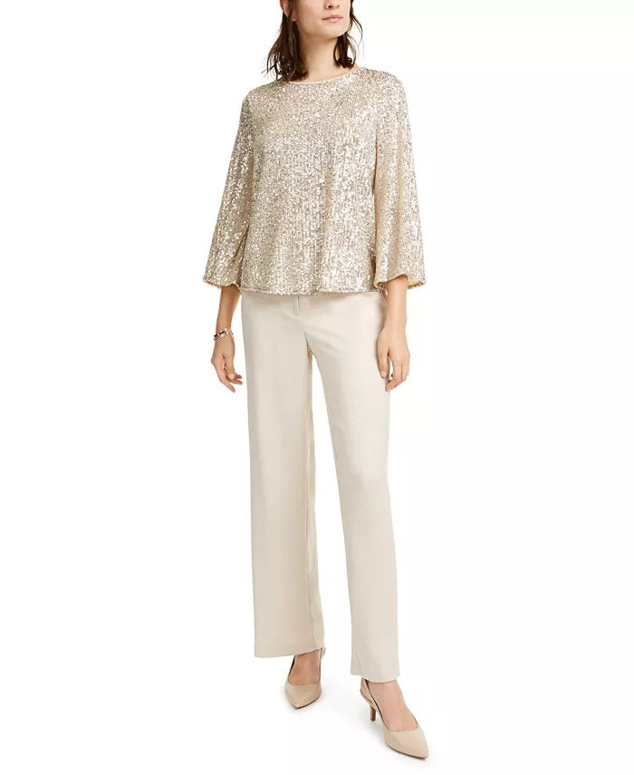 Alfani Women's Petite Snake-Embossed Wide-Leg Pants Beige Size 14
