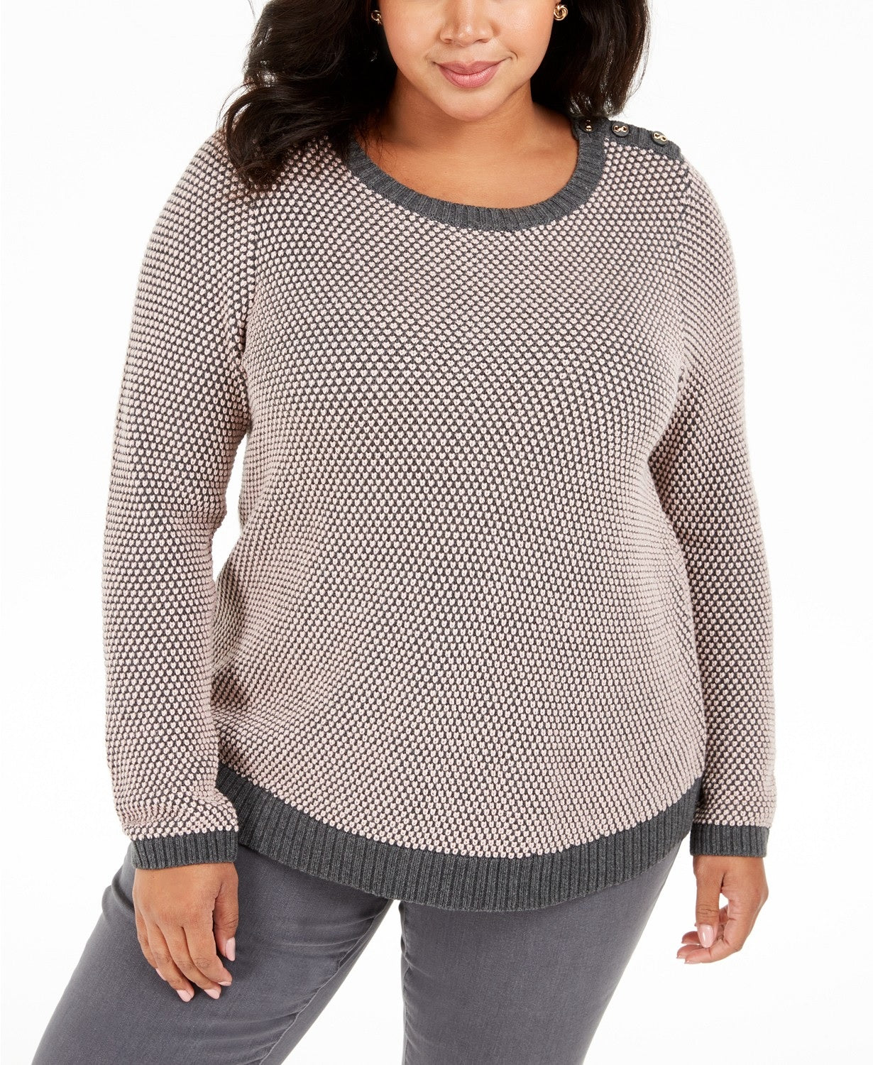 Charter Club Women's Plus Size Button-Trim Contrast-Accent Sweater Deep Black Cmb Size 2X