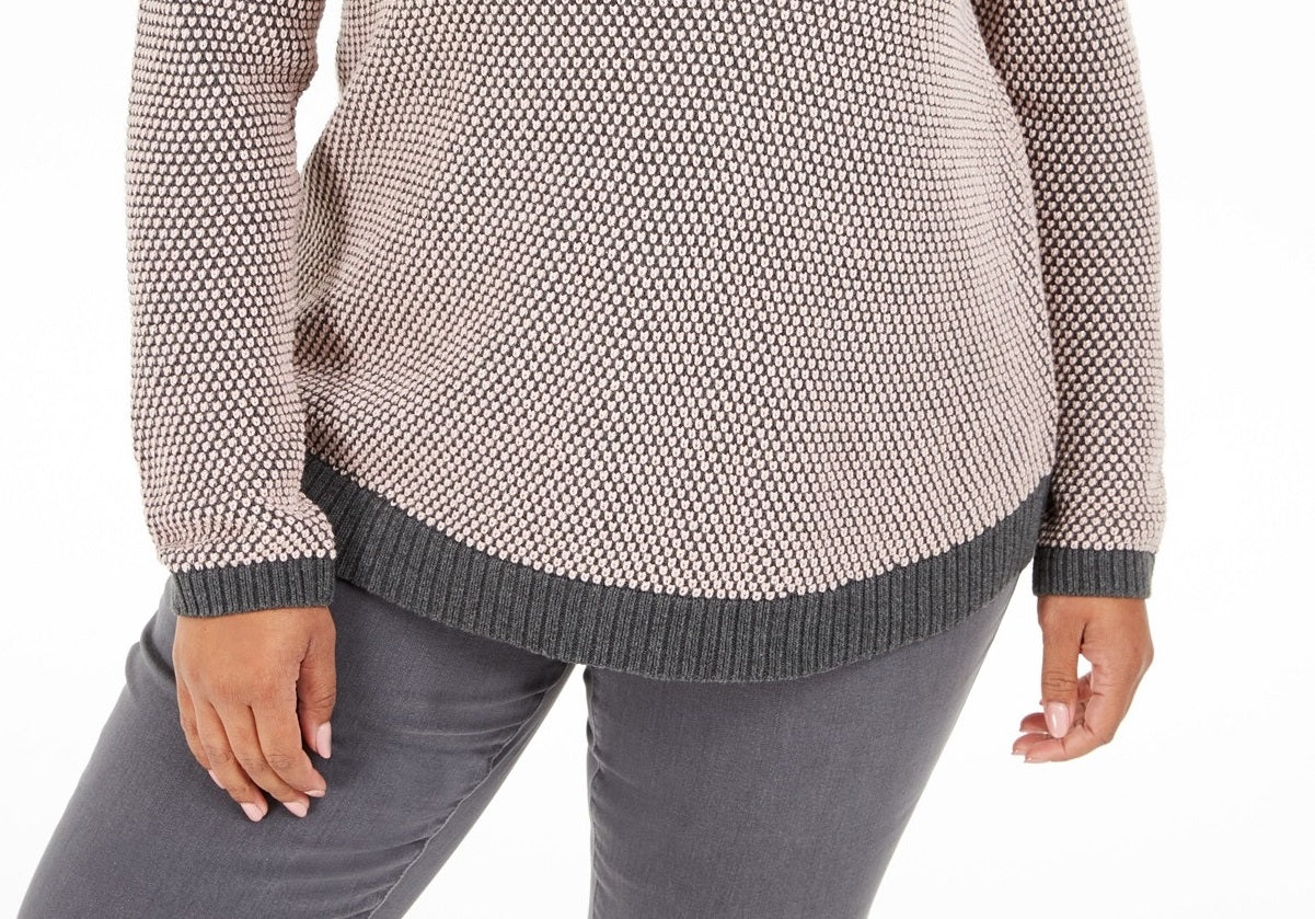 Charter Club Women's Plus Size Button-Trim Contrast-Accent Sweater Deep Black Cmb Size 2X