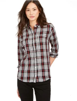 Charter Club Women's Cotton Plaid Shirt Black Size Small