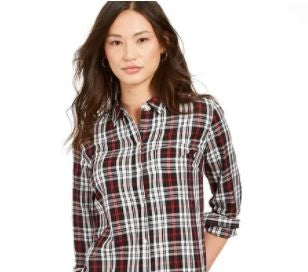 Charter Club Women's Cotton Plaid Shirt Black Size Small
