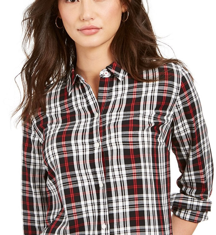 Charter Club Women's Petite Plaid Cotton Button-Up Shirt Black Size Small