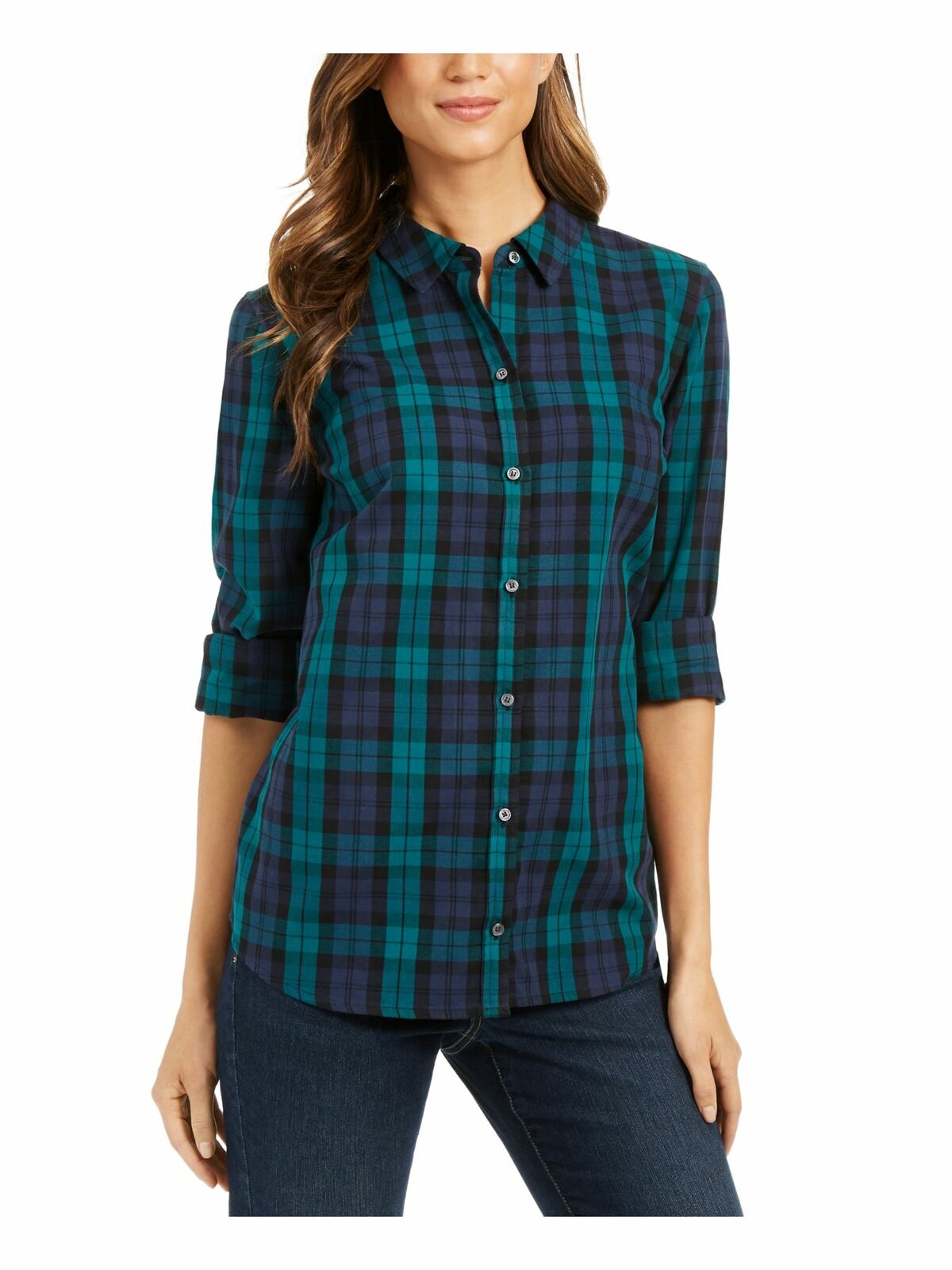 Charter Club Women's Cotton Plaid Shirt Black Size Medium