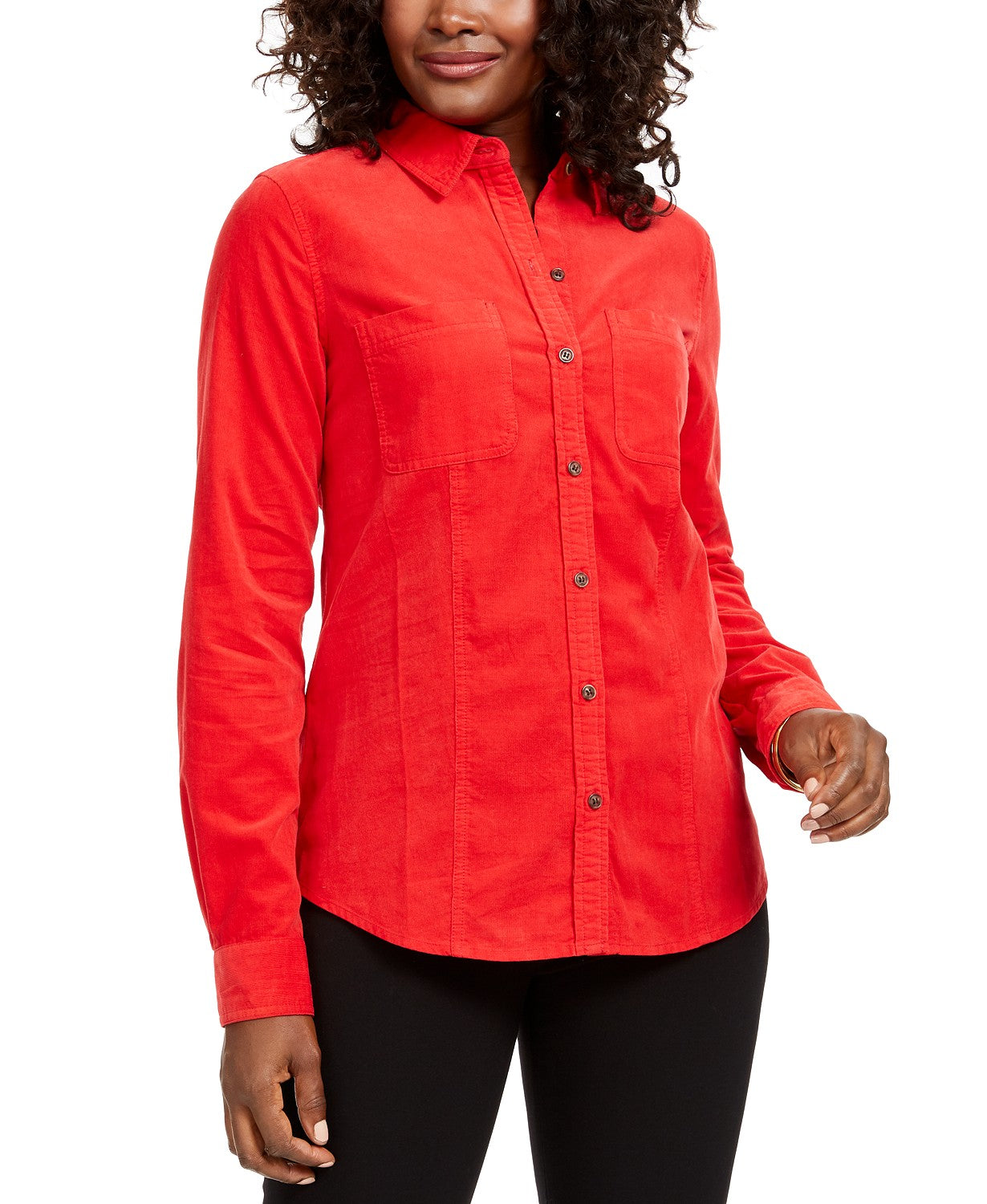 Charter Club Women's Solid Corduroy Shirt Red Size Medium