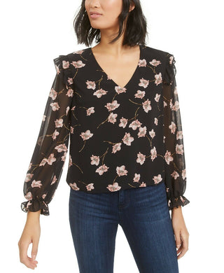 Bar III Women's Floral-Print Top Black Size Large