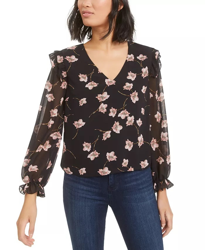 Bar III Women's Floral-Print Top Black Size Small