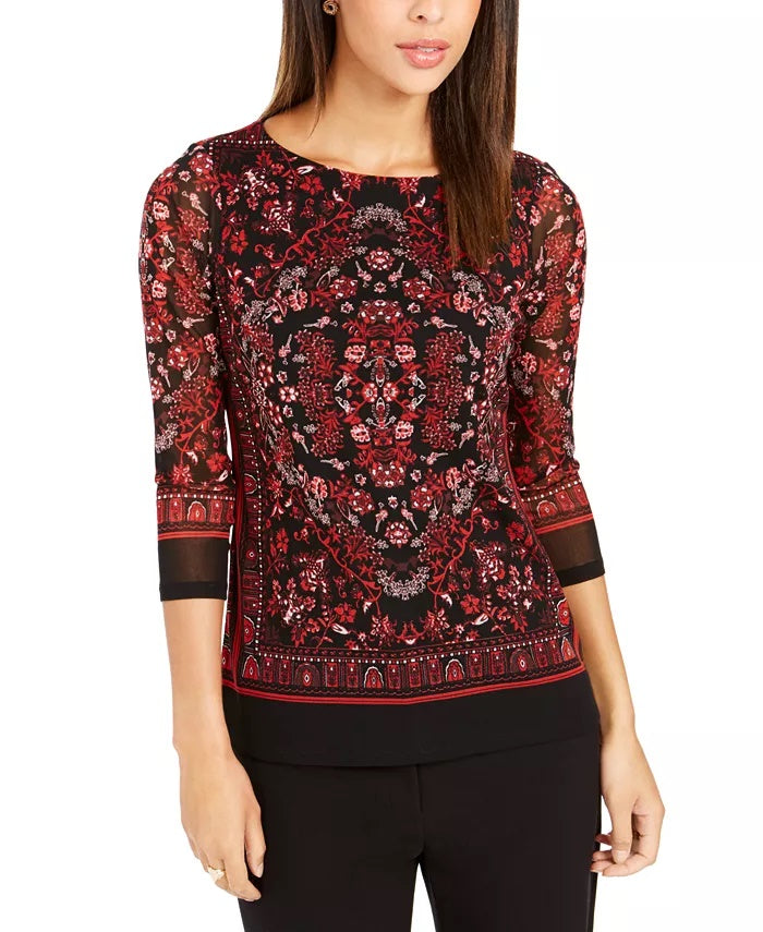 Charter Club Women's Printed Mesh Top Red Size Petite Small