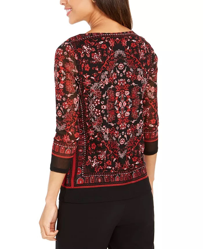 Charter Club Women's Printed Mesh Top Red Size Petite Small