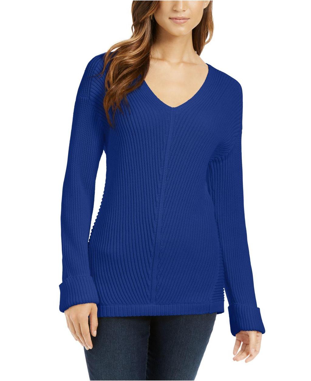 Charter Club Women's Cotton Textured V-Neck Sweater Blue Size Extra Large