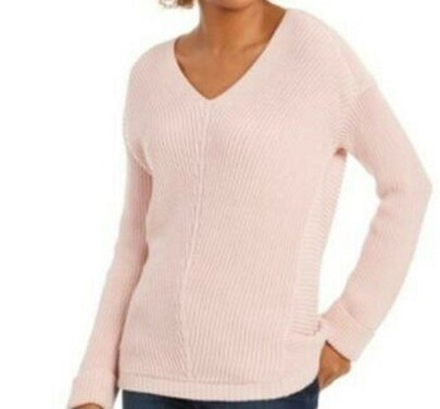 Charter Club Women's Cotton Textured V-Neck Sweater Pink Size Large