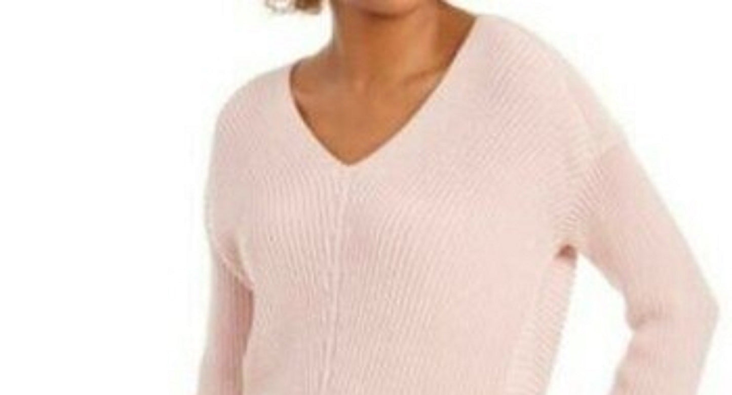 Charter Club Women's Cotton Textured V-Neck Sweater Pink Size Large
