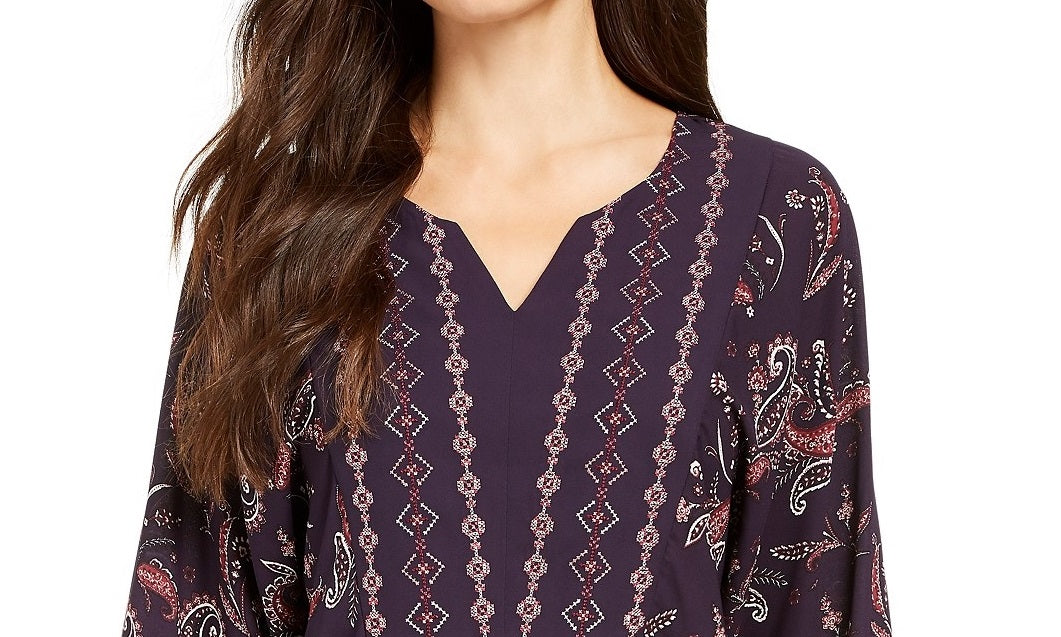Style & Co Women's Printed Handkerchief-Hem Peasant Top Paisley Grape Size Extra Small