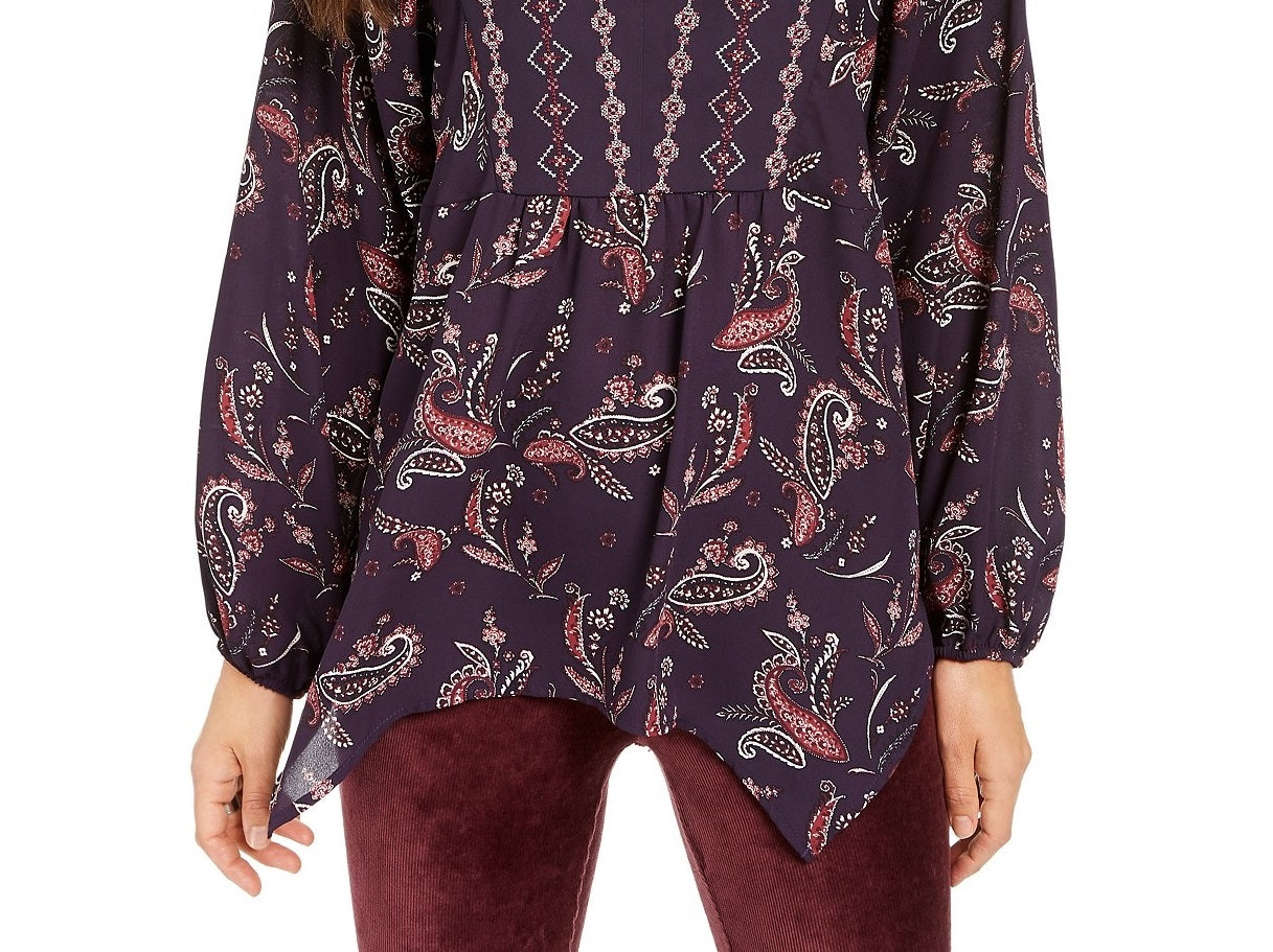 Style & Co Women's Printed Handkerchief-Hem Peasant Top Paisley Grape Size Extra Small