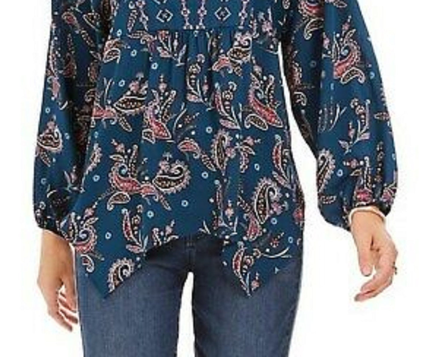 Style & Co Women's Printed Handkerchief-Hem Peasant Top Green Size Medium