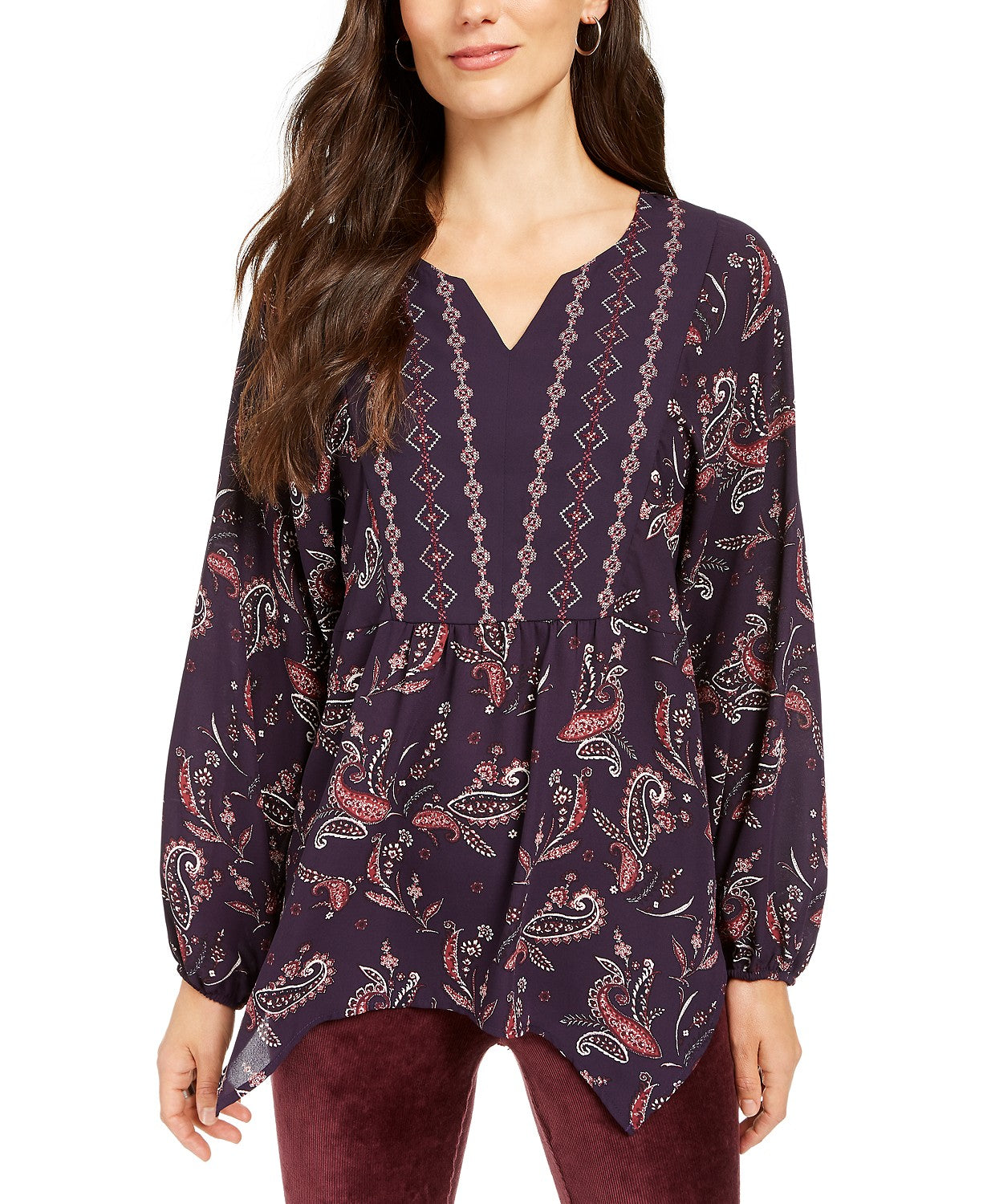 Style & Co Women's Printed Handkerchief-Hem Peasant Top  Purple Size Large