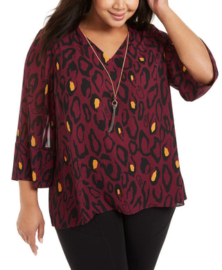 JM Collection Women'sCollection Plus Size Animal-Print Blouse & Necklace  Purple Size 3 Extra Large