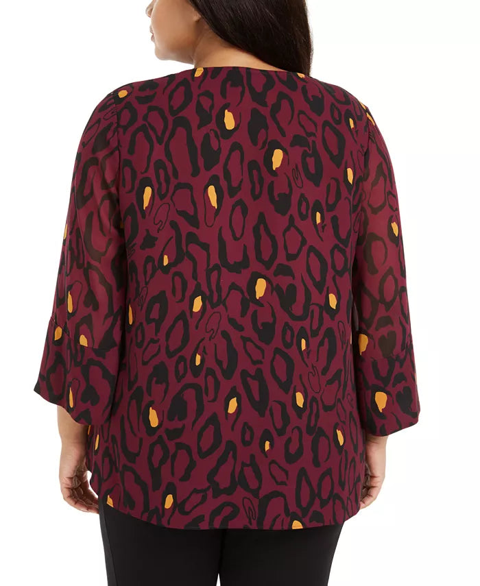JM Collection Women'sCollection Plus Size Animal-Print Blouse & Necklace  Purple Size 3 Extra Large