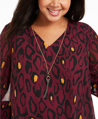 JM Collection Women'sCollection Plus Size Animal-Print Blouse & Necklace  Purple Size 3 Extra Large