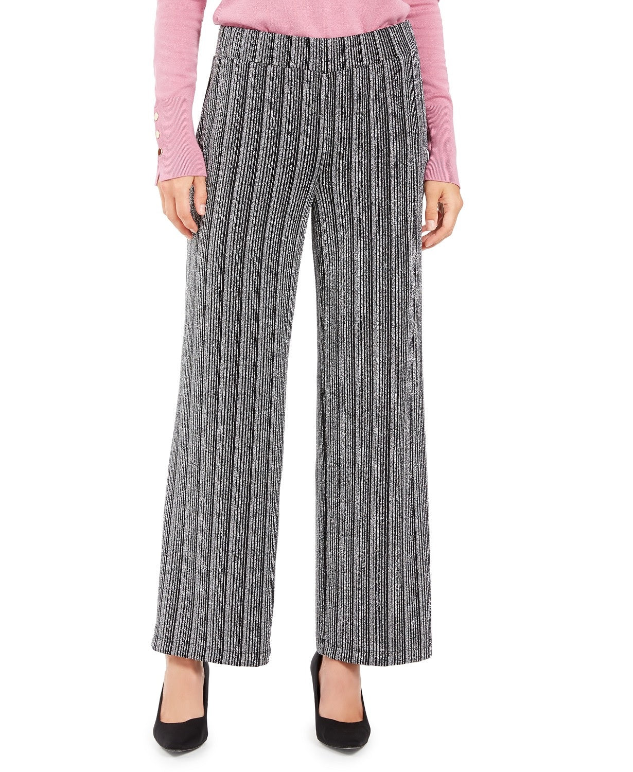JM Collection Women's Petite Metallic Wide-Leg Pants Black Size Large