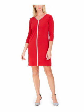 JM Collection Women's Embellished Solid 3/4 Sleeve V Neck Above The Knee Shift Dress Red Size Petite Small