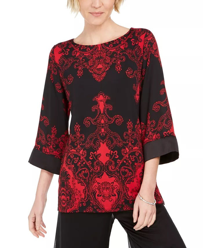 JM Collection Women's Drop Shoulder Satin Tunic Black Size Petite Medium