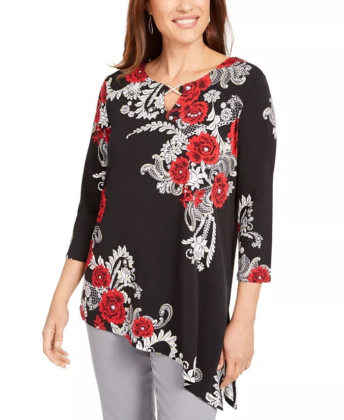 JM Collection Women's Embellished Asymmetrical Tunic Black Size Petite Medium