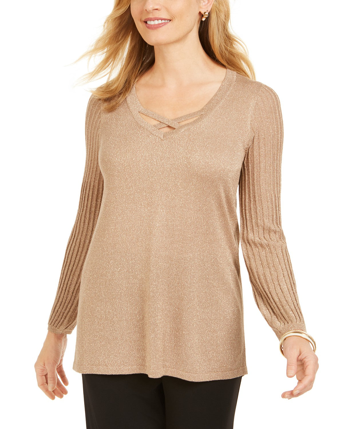 JM Collection Women's Petite Pleated-Sleeve Sweater Brown Size Small