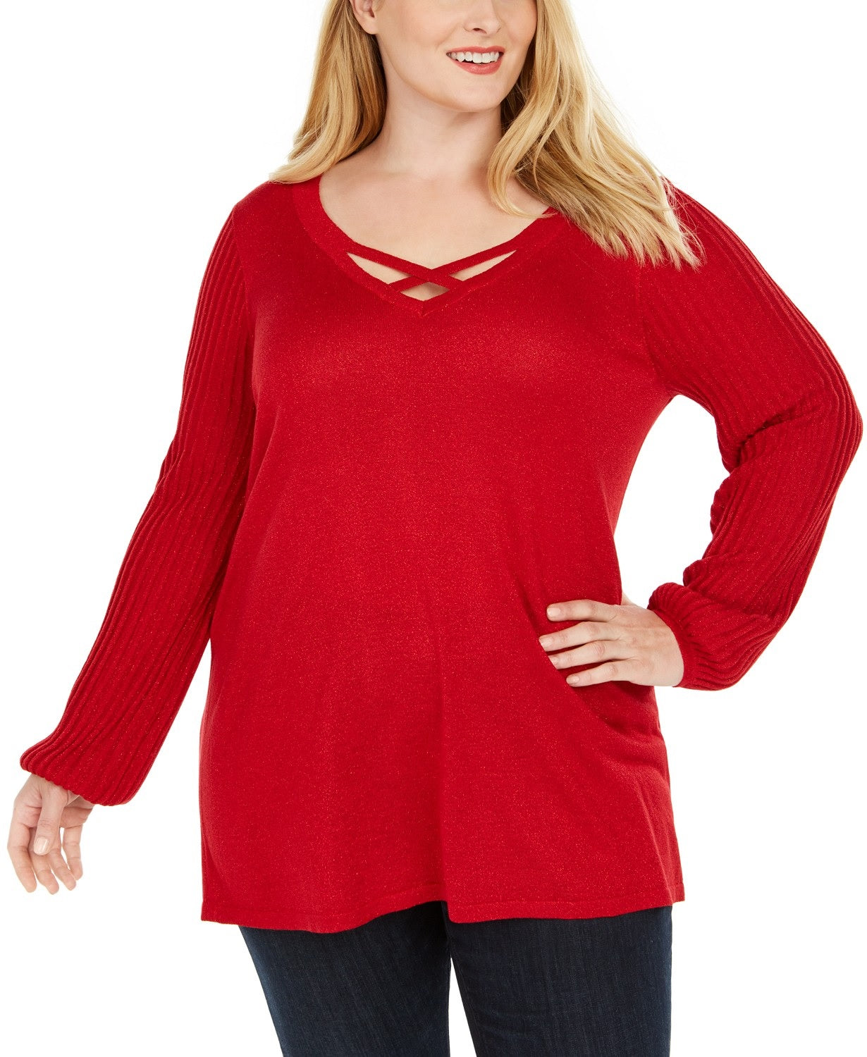 JM Collection  Women's Plus Size Crisscross-Neck Sweater Red Lurex Size Small