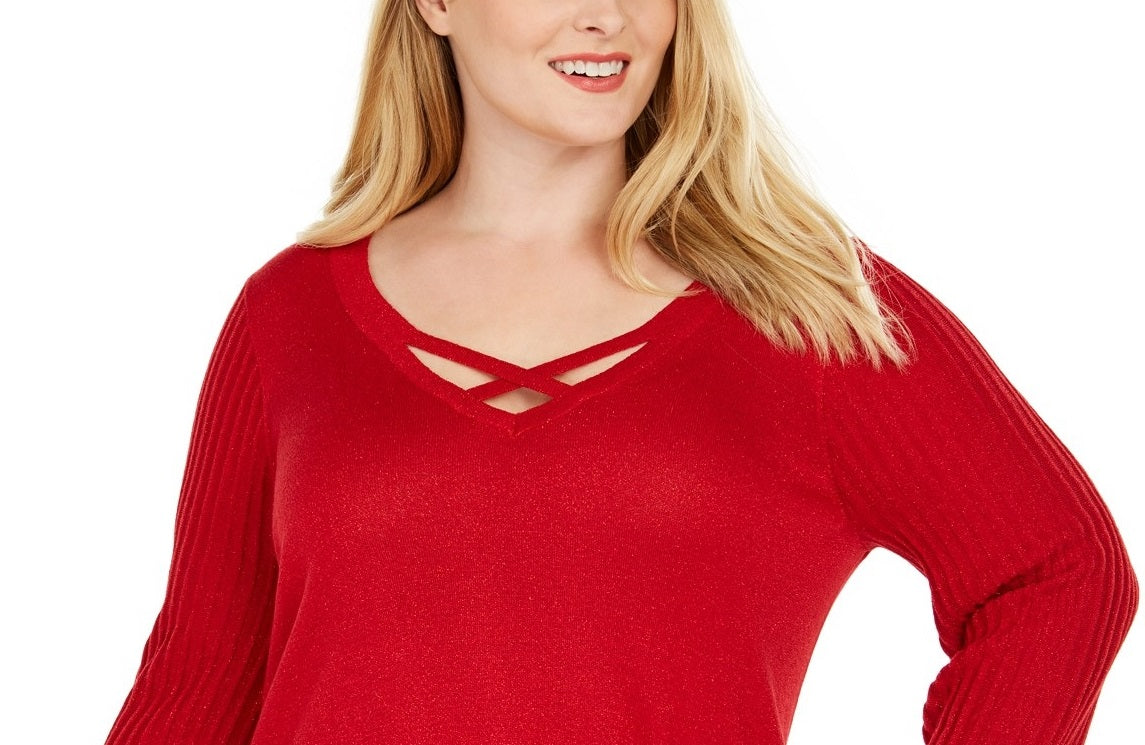 JM Collection  Women's Plus Size Crisscross-Neck Sweater Red Lurex Size Small