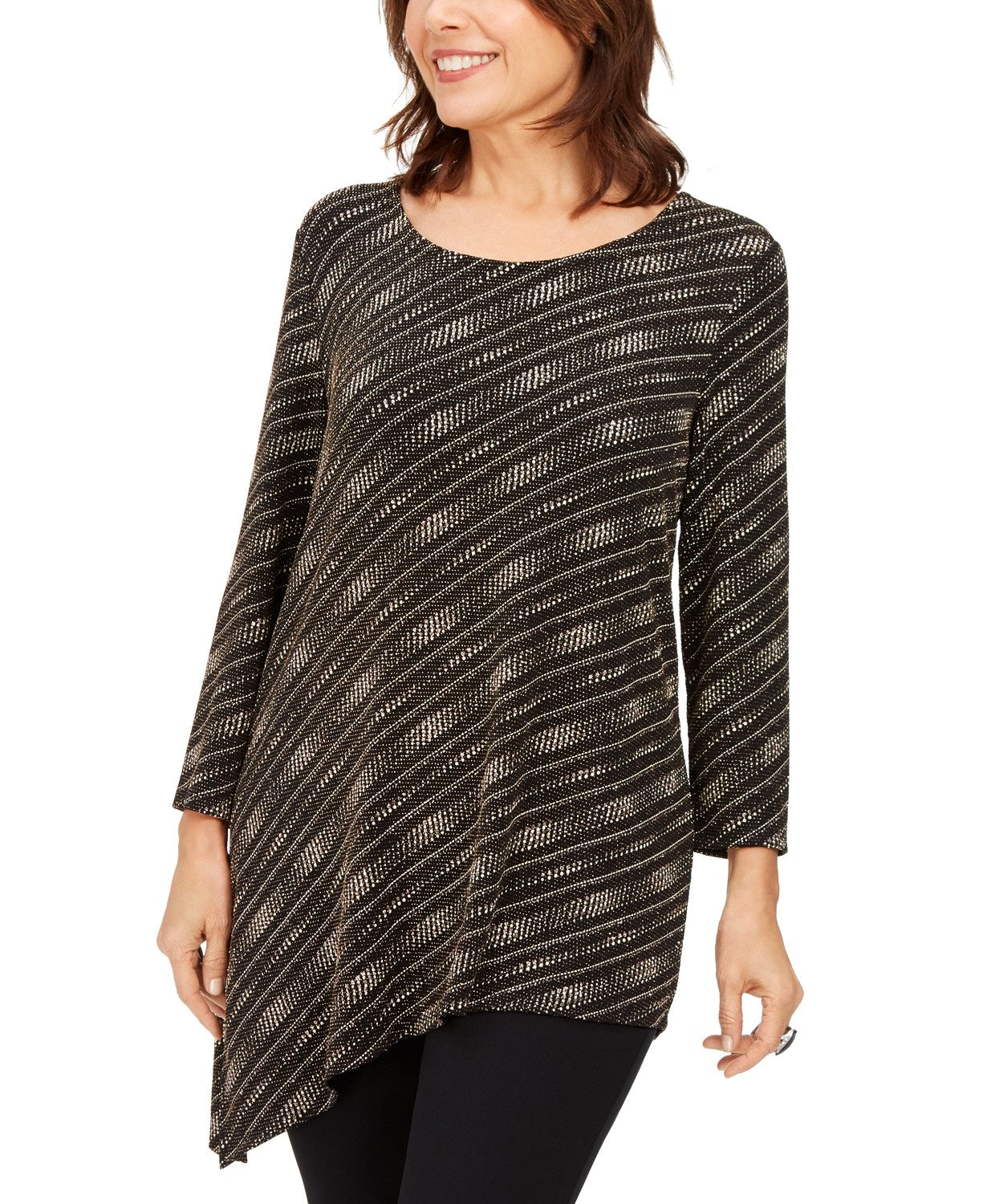 JM Collection Women'sCollection Asymmetrical Metallic Top Black Size Small