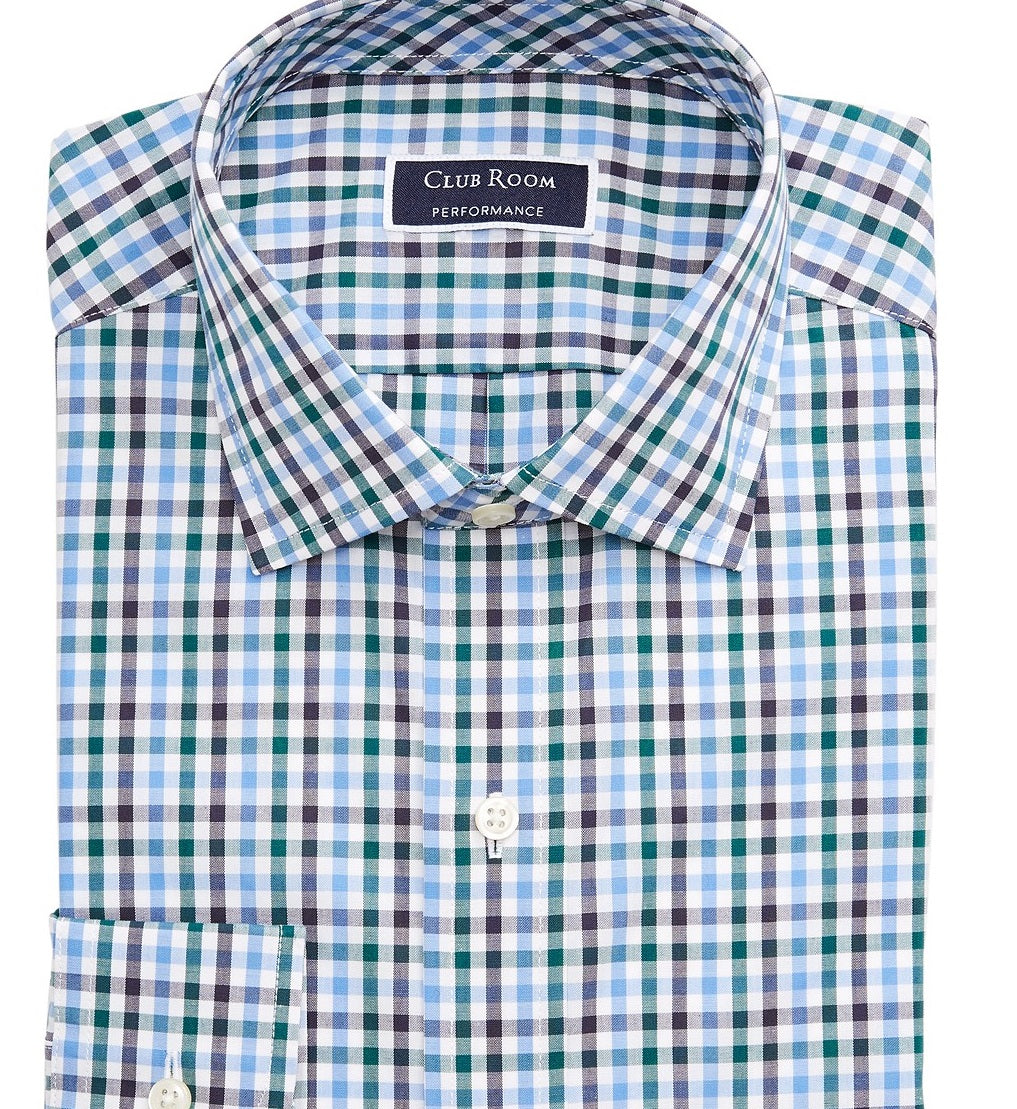 Club Room Men's Regular-Fit Stretch Wrinkle-Resistant Gingham Dress Shirt Blue Size 16.5x34-35