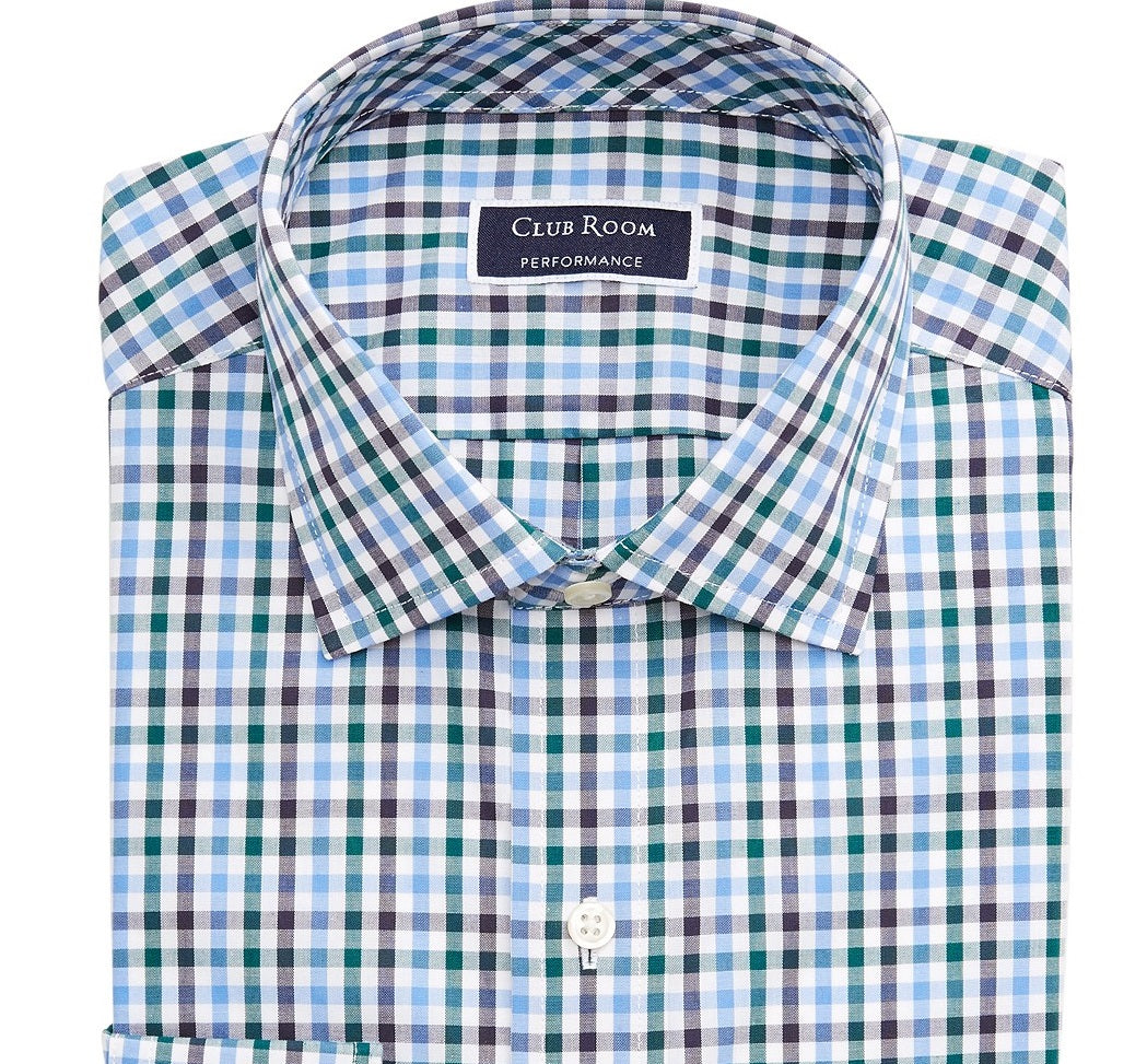 Club Room Men's Classic/Regular-Fit Stretch Wrinkle-Resistant Gingham Dress Shirt Blue-Green Size 32X33
