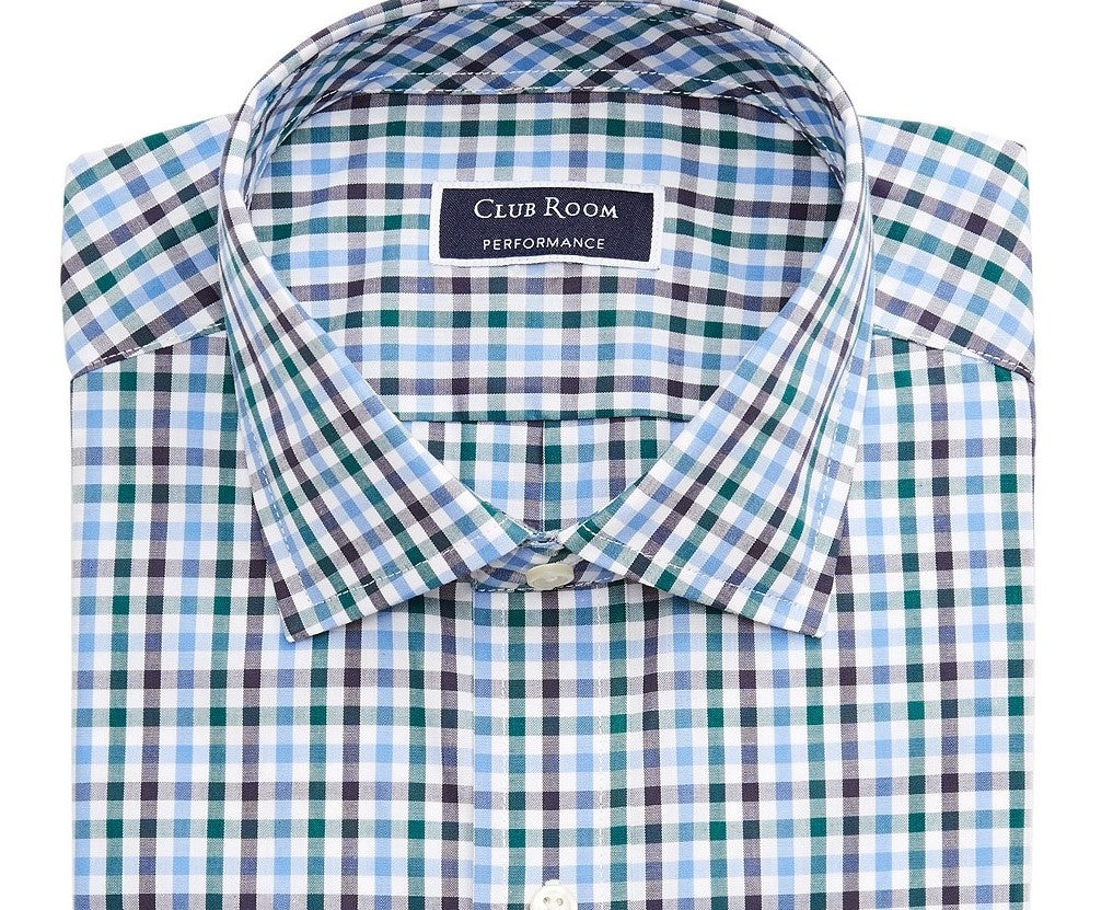 Club Room Men's Regular-Fit Stretch Wrinkle-Resistant Gingham Dress Shirt Navy Size 17-32-33