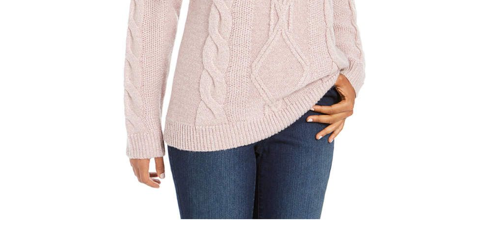 Charter Club Women's Cowl-Neck Cable-Knit Glitter Sweater Pink Size Extra Large