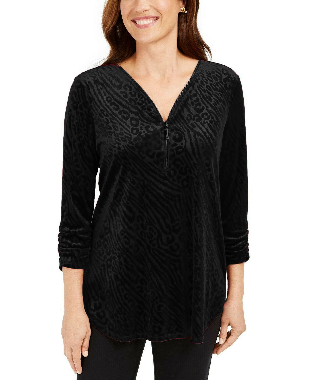 JM  Collection Women's Printed Velvet Zipper-Trim Top Black Size Large