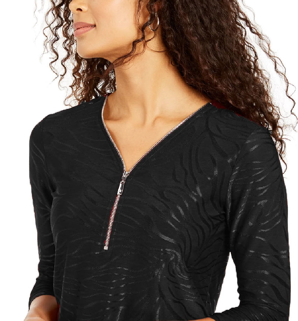 JM  Collection Women's Printed Velvet Zipper-Trim Top Black Size Large