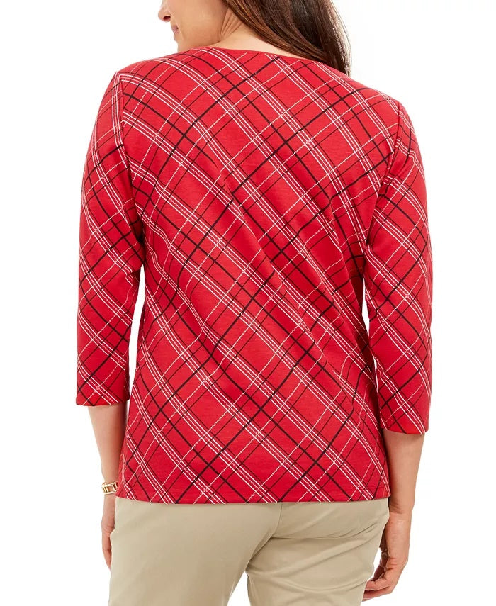 Karen Scott Women's Plaid Top  Bright Red Size Petite Small