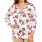 Karen Scott Women's Petite Floral-Print Henley Top White Size Petite