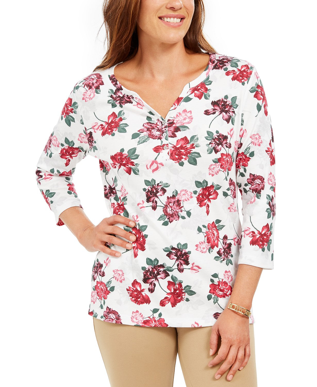 Karen Scott Women's Petite Floral-Print Henley Top White Size Petite
