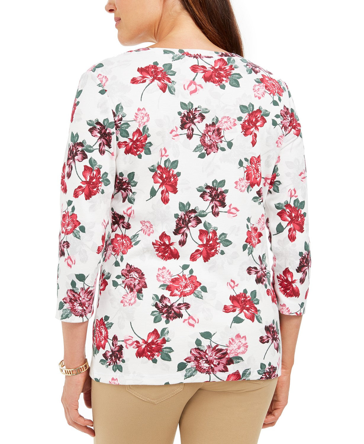 Karen Scott Women's Petite Floral-Print Henley Top White Size Petite